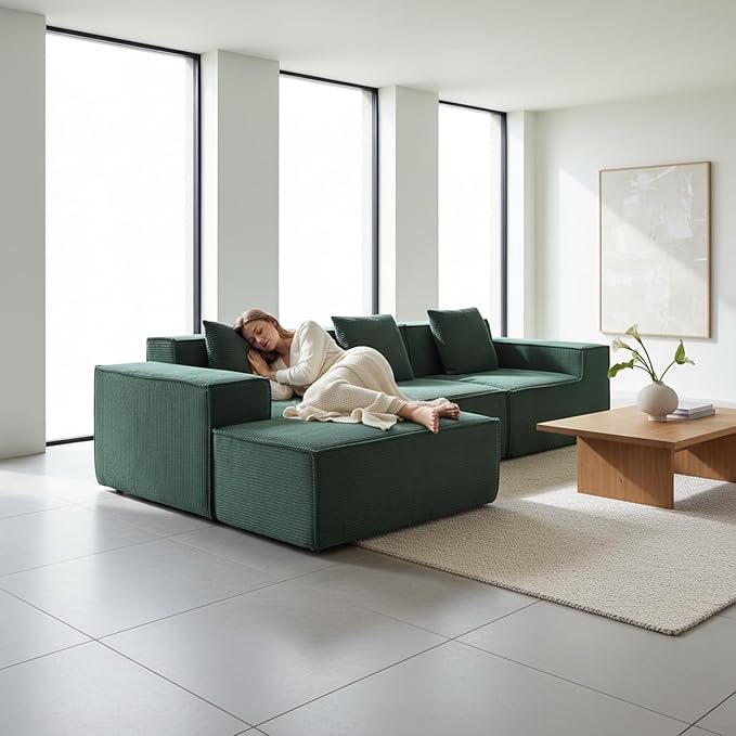 Rowan Convertible Corduroy Sectional Couch with Ottoman & Pillows, Modular L Shaped Sleeper Sofa, Boneless Cloud Couch for Living Room Furniture, Dark Green