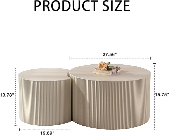 kevinplus 47.25'' Round Modern Coffee Table Set of 2 for Living Room, Wood Circle Drum Coffee Table, No Assembly, Beige