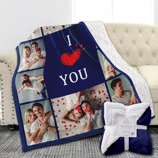 Ships Next Day, Custom Sherpa Fleece Blanket with Photos Text Soft Warm Custom Blanket Personalized Couples Gifts for Boyfriend Girlfriend Customized Picture Blanket Gifts for Christmas Valentines Day