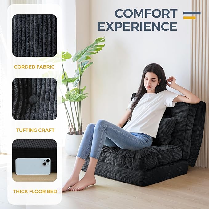 MAXYOYO Folding Sofa Bed, Tufted Bean Bag Bed with Pillows Floor Mattress for Adults, Extra Thick and Long Floor Sofa, Single Couch for Bedroom Living Room, Black, 30x91 Inch