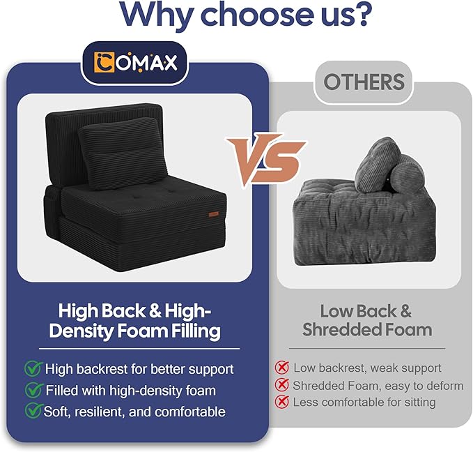 COMAX Folding Sofa Bed, Foldable Couch for Bedroom, Convertible Floor Sleeper Futon Chair Foam, Corduroy 3 in 1 Fold Out Chair Portable Comfy Lounge Couch Sofa Bed for Small Space, Single, Black