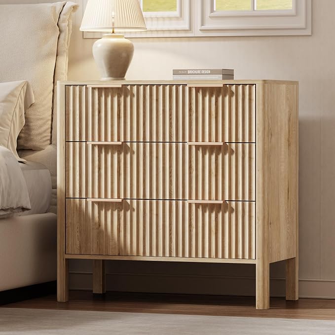 MODNEST 32" Fluted Nightstands Set of 2, Bed Side Tables with Drawers for Bedroom Mid Century Modern Night Stand Wood Nightstand Large End Table Bedroom Set, Oak - Image 3