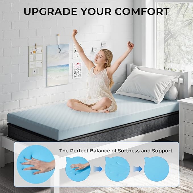 OhGeni Memory Foam Mattress Topper Pad, Soft Bed Cover with Anti-Slip Base, Size Twin XL, Style 3 Inch with Cover