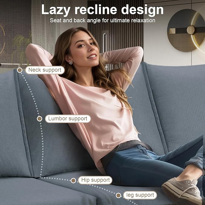 93.7” Sectional Sofa with Movable Ottoman, 3 Seaters L Shaped Couch Modular Sofa Bed with 2 Armrest Pillows, Small Sectional Couch for Living Room Bedroom Small Space Furniture, Gray