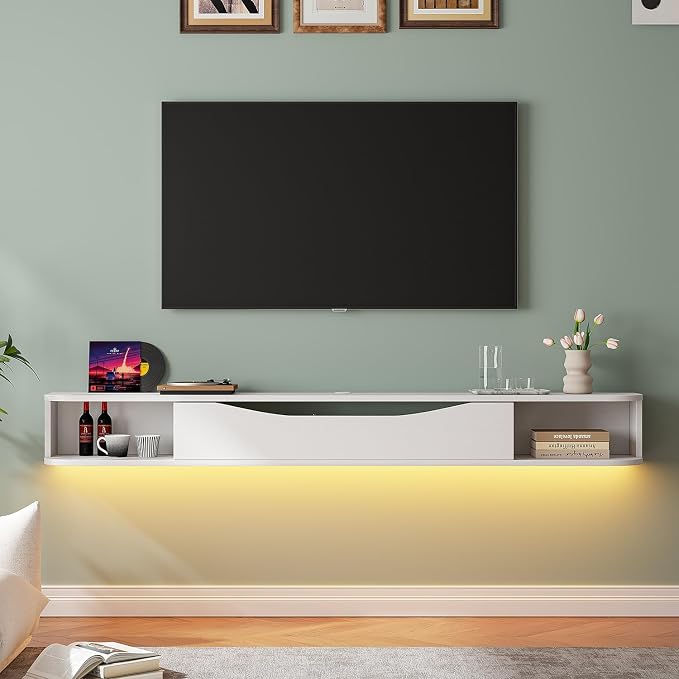 FurniNova 78'' Floating TV Stand, Modern Plywood Wall Mounted Media Console for 78 inch TV,Floating Entertainment Center with Storage,Round Edge TV Shelf for Living Room & Bedroom,White - Image 3