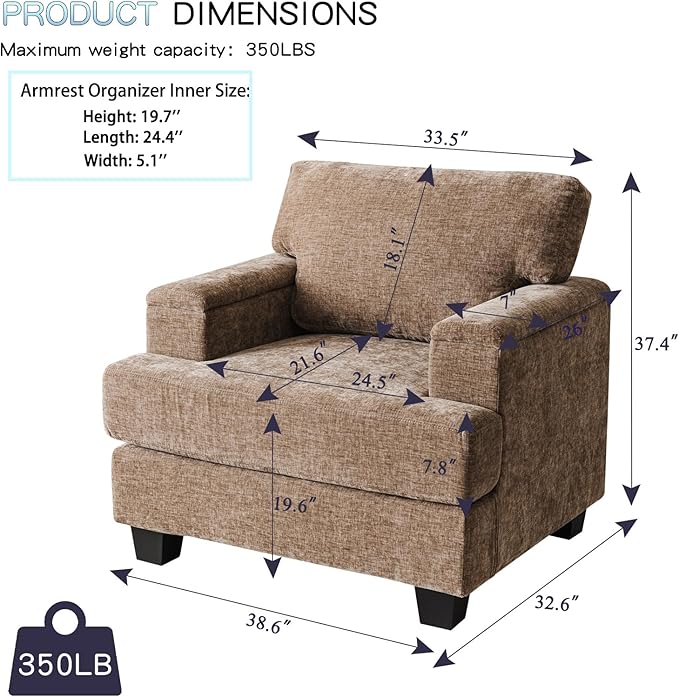 Oversized Accent Chair with Armrest Organizer,Living Room Chairs with 7.8'' Cushion,Upholstered Modern Armchair,Big Reading Chair,Comfy Sofa Chair for Bedroom,Chenille,Brown