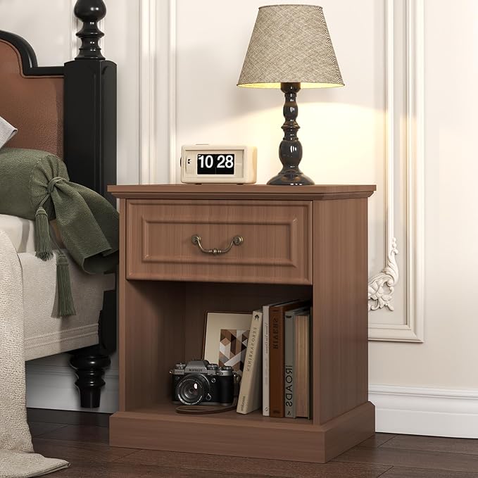 Night Stand, Nightstand with Drawer and Open Shelf, Wooden Bed Side Table for Bedroom, Modern End Table Side Table for Living Room, Small Night Stand Furniture for Small Spaces (Walnut) by Unknown