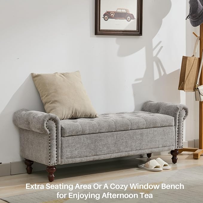 SOFTHION 58.1" Storage Bench Upholstered Chenille End of Bedroom Bed Bench Ottoman with Tufted Cushioned Rolled Arm Large Storage Space for Reading Living Room Entryway, Light Grey - Image 6
