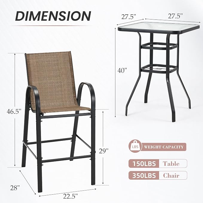 HOMREST Outdoor Bar Height Stools Set of 5,4 High Back Patio Bar Chairs with Outdoor High Top Table,All Weather Outdoor High Top Bistro Set Furniture for Patio,Balcony,Brown - Image 3