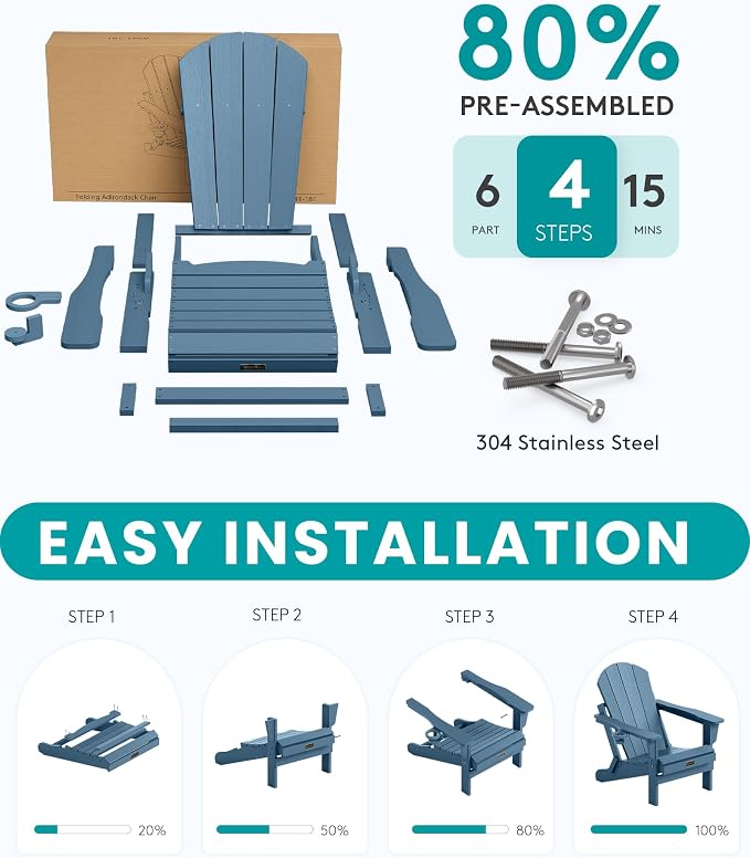 SERWALL Folding Adirondack Chair with Cup Holder Set of 4, Weather Resistant HIPS Patio Chairs, Wooden Textured, Fire Pit Chairs for Garden Outdoors Fire Pit - Blue - Image 5