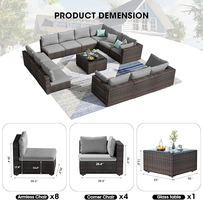 13 Piece Patio Furniture Set All Weather PE Rattan Outdoor Sectional Sofa Couch with No-Slip Cushions and Glass Top Table for Garden, Poolside, Backyard (Gray)