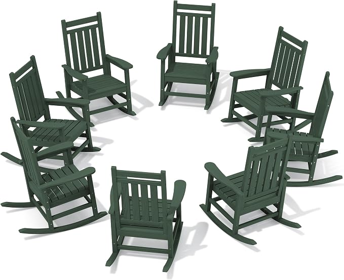 SERWALL HDPE Outdoor Rocking Chair Set of 8, Patio Rocking Chairs for Adults, All Weather Outdoor Rockers for Lawn, Green by SERWALL