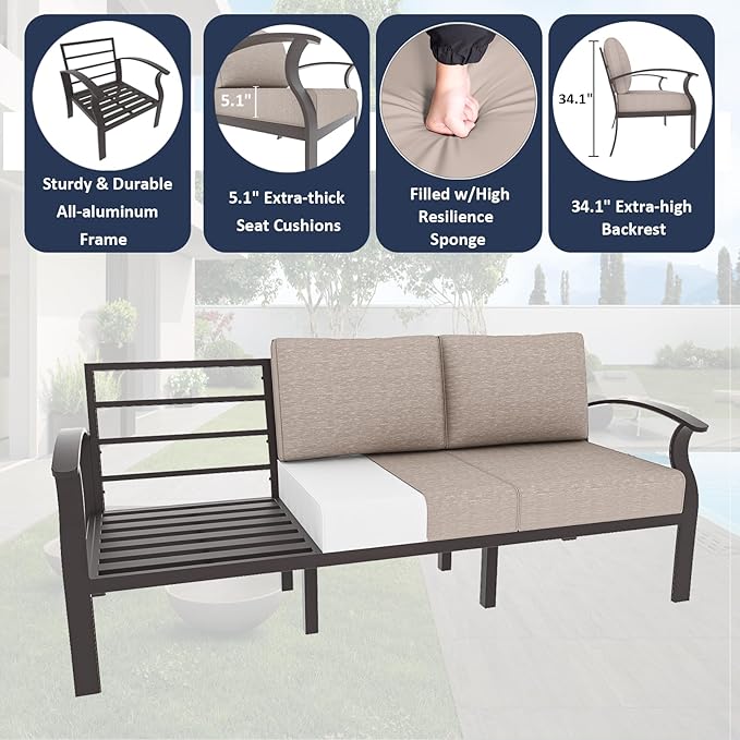 ALAULM Aluminum Patio Furniture Set with Propane Fire Pit Table 10-seat Metal Outdoor Furniture w/Fire Pit Patio Sectional w/5.1" Cushions for Patio, Backyard, Poolside-Sand