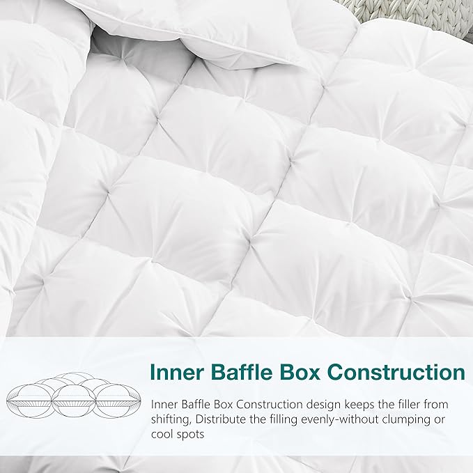 KAKABELL Pinch Pleat Goose Down Feathers Fiber Comforter Palatial King Size All Season-Ultra Soft and Cozy Noiseless Duvet Insert with Egyptian Cotton Blend Cover,Fluffy Warm Comforter White,120"X98"