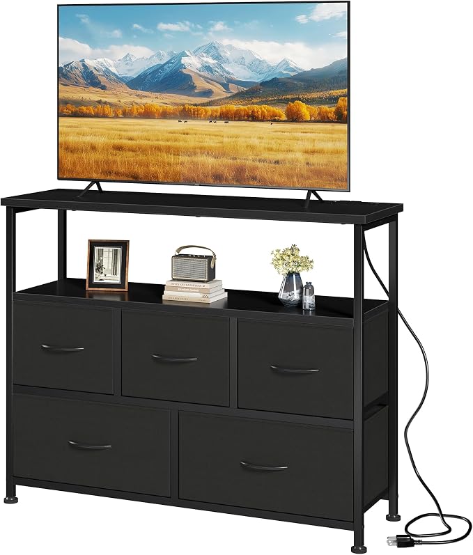 DUMOS TV Stand, Dresser with 5 Fabric Storage Drawers, Media Console Featuring Open Shelf, Fabric Storage Cabinet with Charging Station, Compact Entertainment Unit for Bedroom, Living Room, Black by DumosLifestyle