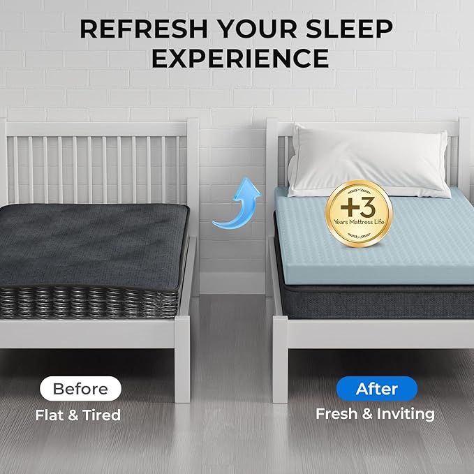 OhGeni Memory Foam Mattress Topper Pad, Soft Bed Cover with Anti-Slip Base, Size Twin XL, Style 3 Inch with Cover