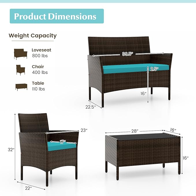 KOTEK 8 Piece Patio Furniture Set, Outdoor Rattan Conversation Set with Loveseat, Wicker Chairs, Tempered Glass Coffee Table, Wicker Patio Set for Backyard, Porch (Turquoise)