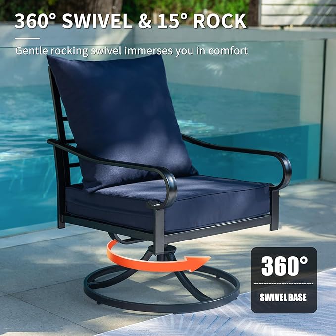 5 Piece Patio Furniture Set, Metal Patio Conversation Set with 1x3 Seater Sofa & 2xSwivel Chairs & 2xOttomans, Outdoor Furniture with 5.75'' Thick Cushion for Lawn Garden Backyard, Navy Blue