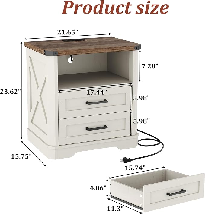 Yusong 23.62” Tall Farmhouse Nightstand, Rustic Wooden Night Stand with Charging Station, Beside Table with Drawers and Open Storage, End Tables for Bedroom, White - Image 2