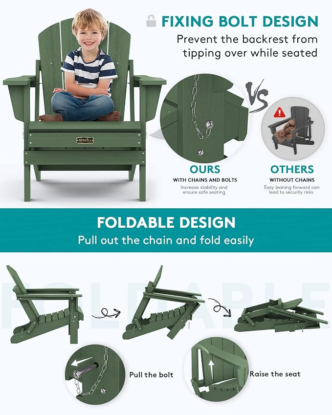 SERWALL Adirondack Chair Set of 6, Weather Resistant HIPS Lawn Chairs with Cup Holder for Patio Garden Outdoors Fire Pit- Army - Image 3