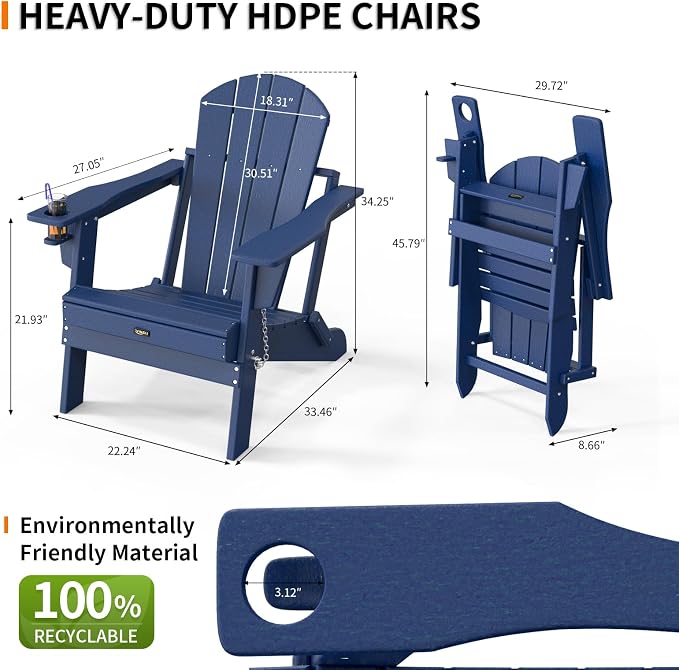VINGLI Plastic Adirondack Chairs, Folding with Cup Holder, Waterproof HDPE Material, Comfortable 380lb Weight Capacity for Outdoor Pool Patio Lounge Chair Lawn Furniture Firepit (Navy Blue) - Image 3