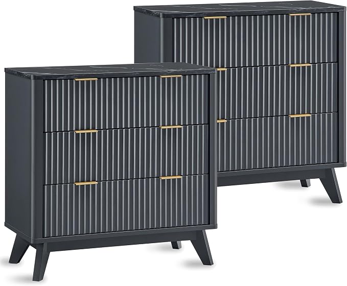 T4TREAM Fluted 3 Drawers Nightstand Set of 2, Oversized Extra Large Modern Side Table with Faux Marble Top, End Table Bedside for Bedroom, Living Room, Curved Profile Design, Dark Grey | Fluted, Modern, 3 Drawers, w/Storage, for Bedroom, Living Room by T4TREAMFurniture
