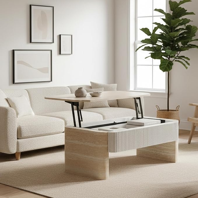 39" Lift Top Coffee Table with Hidden Storage, Faux Marble Lift Pull Up Tabletop for Living Room, Modern Wooden Rectangular Coffee Table, Beige Mars Pattern