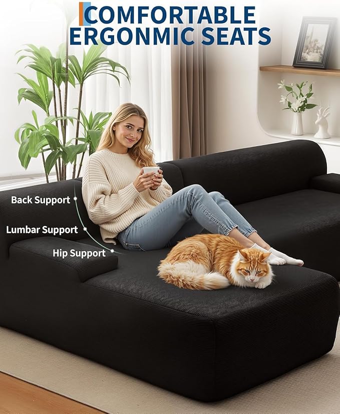 108" Sectional Couches for Living Room, Modular Sectional Sofa with L-Shape Chaise, Cloud Couch, Comfy Corduroy Couch with Deep Seat, No Assembly Required,Black