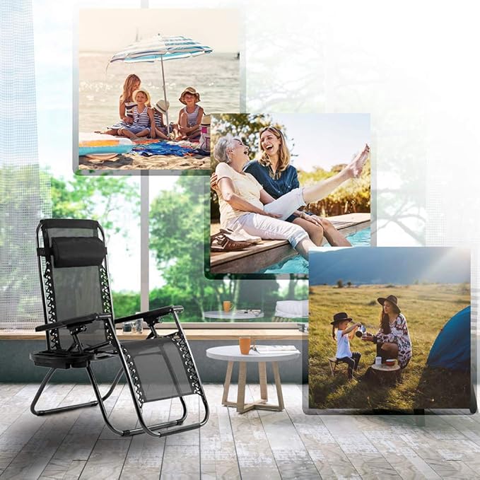 FDW Zero Gravity Chairs Set of 2 Black Lounge Patio Chairs Outdoor Yard Beach with Cup Holders, Black - Image 6