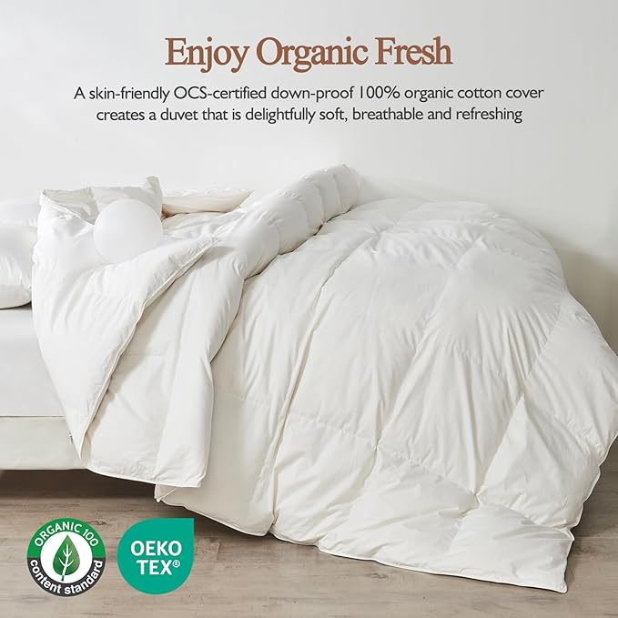 100% Organic Cotton Feather & Down Fibers Comforter Oversized Queen Size, All-Season Hotel-Style Hypoallergenic Duvet Insert 98x98 Inch Ivory White