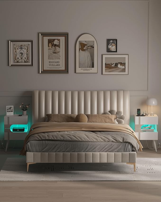 JOONEE White Nightstand with Charging Station and LED Lights,Modern Bedside Table with 2 Storage Drawer,Night Stand with Solid Wood Legs,White (White-2) - Image 8