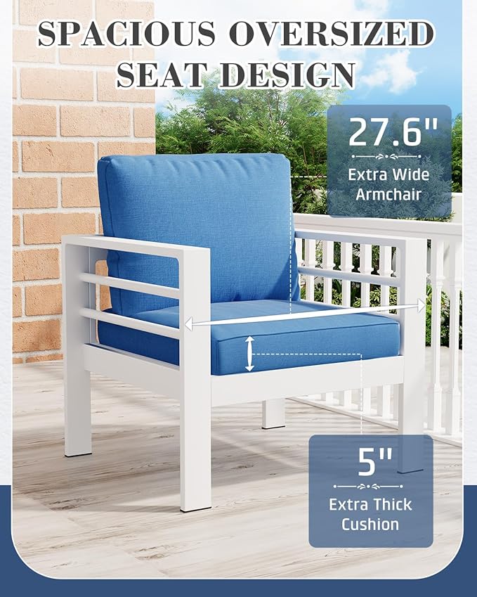 AECOJOY Aluminum Patio Furniture Armchair with Ottoman, Set of 2, Modern Outdoor Furniture with Washable 5 inch Thick Cushion, Blue Cushion