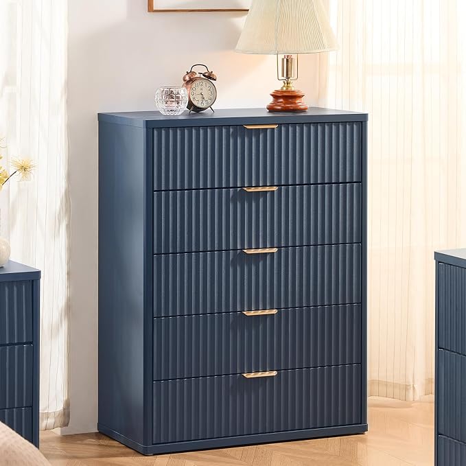 LEYAOYAO Fluted 5 Drawers Dresser for Bedroom Set of 2, 41" Tall Modern Chest of Drawers with Metal Handle, Curved Profile Design,Blue Wood Drawer Organizer for Bedroom, Living Room, Hallway - Image 4