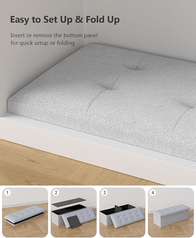 OS MOTOR Folding Storage Ottoman Bench, Multi-Functional Ottoman Foot Rest, End of Bed Bench, Storage Chest for Living Room, Bedroom, Hallway, Entryway, Holds Up to 600 lbs (Light Gray, 43 Inches) - Image 6
