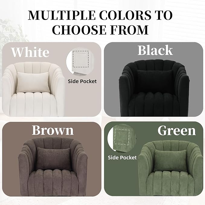 ClinQ Swivel Barrel Chair with Pillow & Side Pocket Set of 3, 360° Cloud Velvet Round Swivel Accent Chair, Cuddle Reading Lounge Chair for the Living Room, Bedroom, Office, Green-Vertical Stripes