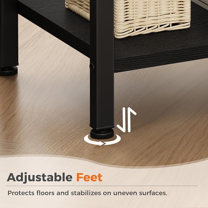 DUMOS Bedside Table with Charging Station and Adjustable Fabric Drawer Compact Nightstand 3-Tier Storage Organizer End Table for Bedroom,Black and Brown - Image 7