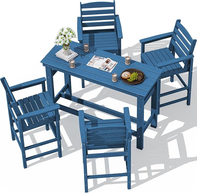 SERWALL Outdoor Bar Set - 4 Adirondack Bar Chairs & Bar Height Table with 1.6" Umbrella Hole, All-Weather HDPE Patio Furniture for Poolside, Backyard, Garden - Blue by SERWALL