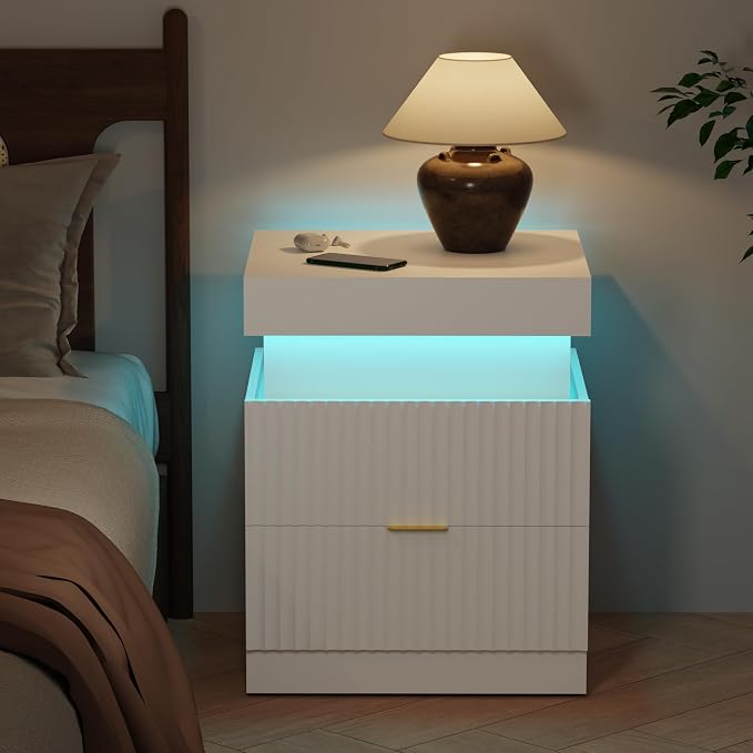 Wooden Nightstand with Charging Station & LED Lights, Modern Fluted Bedside Table with Sliding Top & Drawers for Bedroom & Living Room, White by lezyhaus