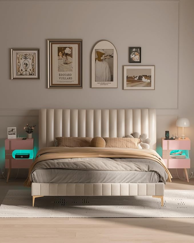 JOONEE White Nightstand with Charging Station and LED Lights,Modern Bedside Table with 2 Storage Drawer,Night Stand with Solid Wood Legs,White (Pink) - Image 7