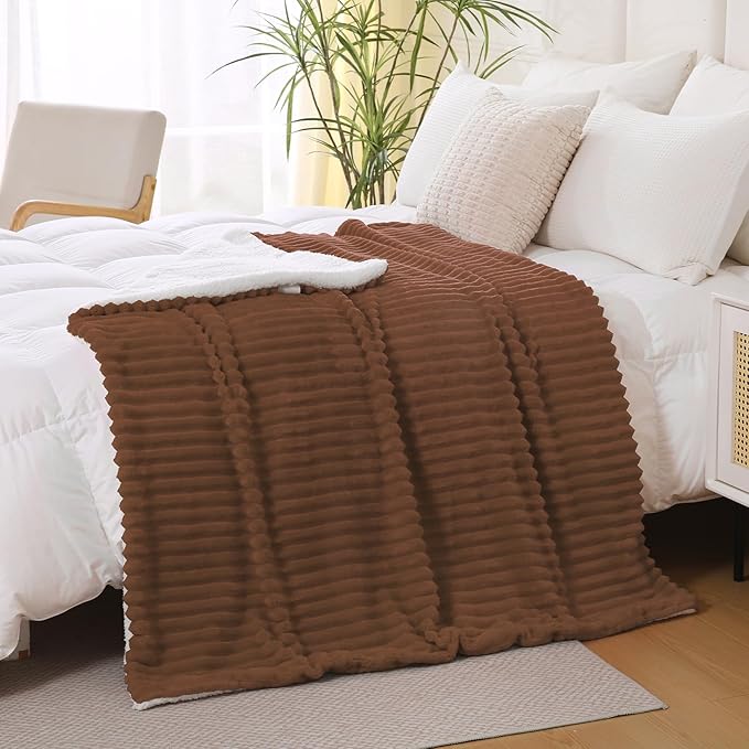 Chocolate Sherpa Fleece Throw Blanket 50”×60” for Couch Sofa Bed,Super Soft Cozy Plush Double Side Thick Flannel Blanket with Striped Design Lightweight for Adults,Woman,Girls