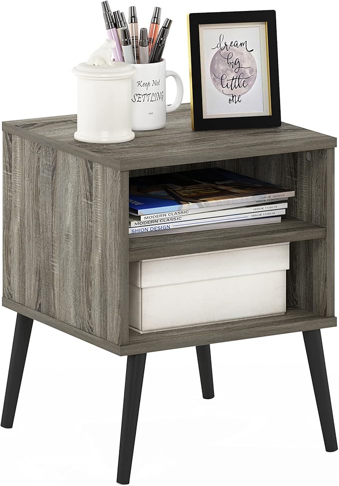 Furinno Claude Side Table, 2-Tier Square Mid-Century End Table with Wooden Legs, Open Shelf Night Stand, Bedside Table, for Living Room, Bedroom, French Oak Grey