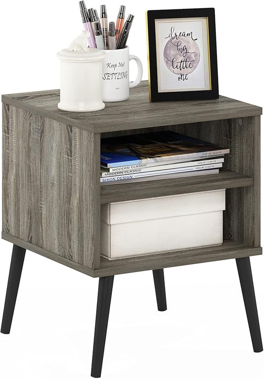 Furinno Claude Side Table, 2-Tier Square Mid-Century End Table with Wooden Legs, Open Shelf Night Stand, Bedside Table, for Living Room, Bedroom, French Oak Grey