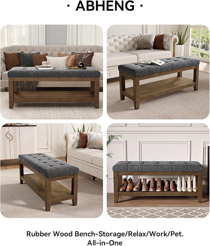 ABHENG Solid Rubber Wood Shoe Bench, Soft Chenille Material Upholstered Seat, 770LB Load Capacity, Multi-Storage for Entryway/Bedroom/Living Room, Vintage Style, 43.3"x15.7"x17.7", Dark Gray,UASND65G - Image 7