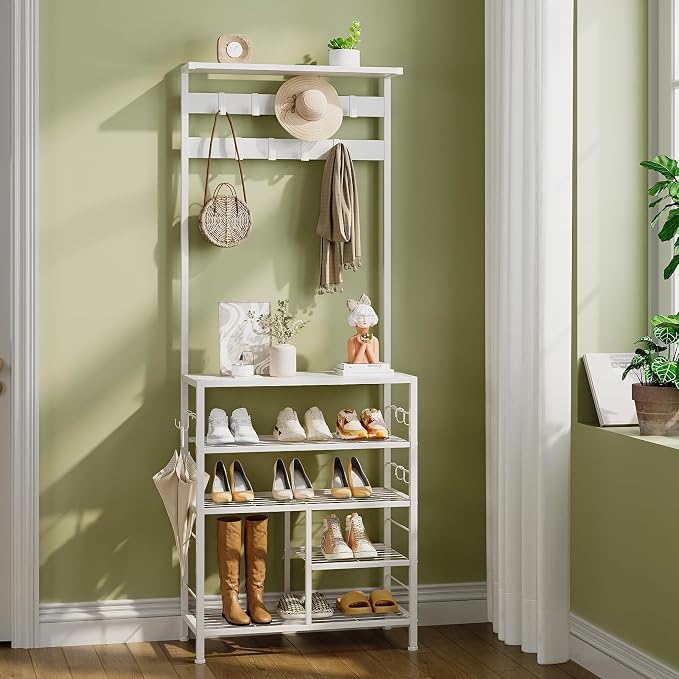 GiftGo Modern White Large 5-Tier Hall Tree Entryway Wooden Shoes Rack Shelf Coat Rack with Movable 9 Metal Hooks Storage Organizer for Home Office Bedroom Mudroom Living Room - Image 3