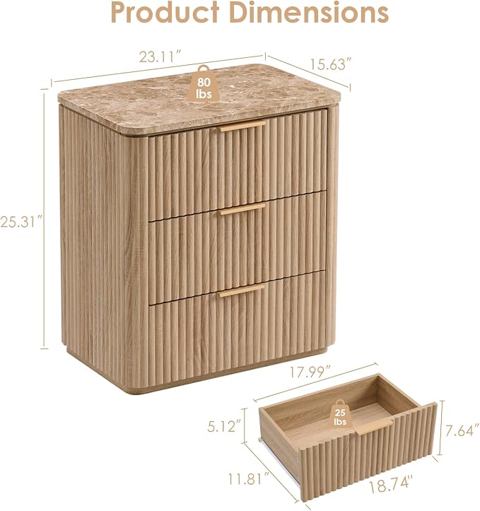 Fluted Night Stand, 23"W Nightstand with 3 Drawers, Wood Bed Side Table with Faux Marble-Top, Curved Profile Design, Metal Handle, Modern Bedside Table for Bedroom, Living Room End Table, Natural Oak - Image 3