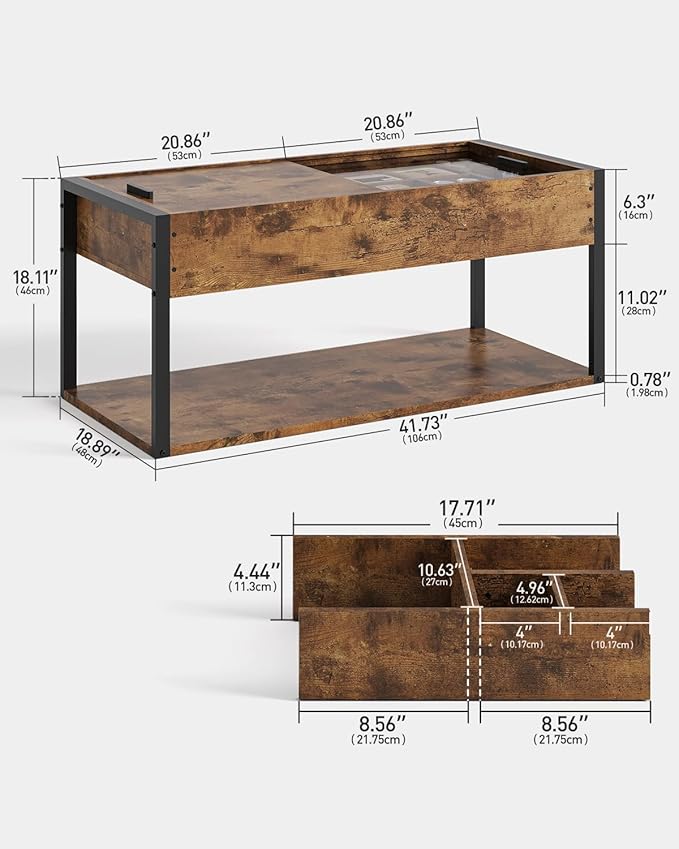 Coffee Table, 40" Center Table with Storage Shelf, Rectangle Coffee Table, for Living Room, Toolless, Easy Assembly, Simple Style, Rustic Brown (Colonial)