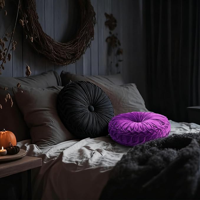 Beeveer 2 Pcs Round Throw Pillows 15 Inch Decorative Velvet Pleated Pumpkin Pillows Boho Floor Pillow with Center Button for Living Room Couch Chair Bed Sofa Home Decoration (Black and Purple)