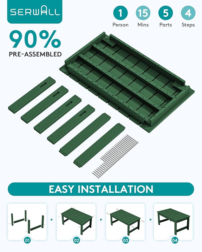 SERWALL Outdoor Coffee Table with 1.69" Umbrella Hole, HDPE Patio Coffee Table for Outside, Rectangle, Green - Image 7