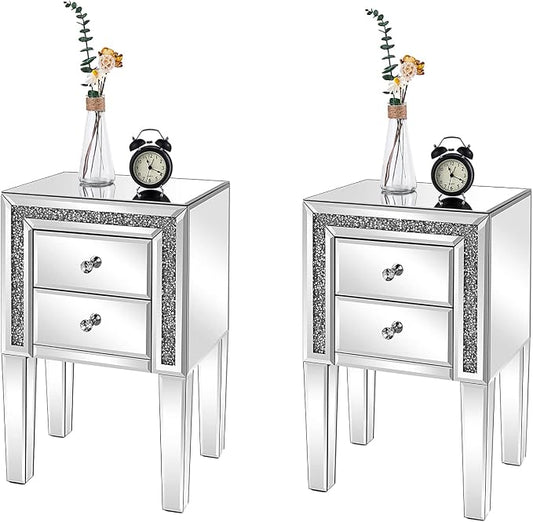 VINGLI Mirrored Nightstand Set of 2 Silver Glass Sofa/Couch Side Tables Bedroom End Tables with Storage, 24.8 inch Tall by VINGLI
