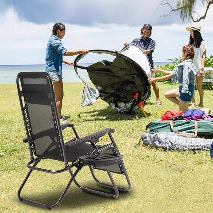 FDW Zero Gravity Chairs Set of 2 Black Lounge Patio Chairs Outdoor Yard Beach with Cup Holders, Black - Image 2
